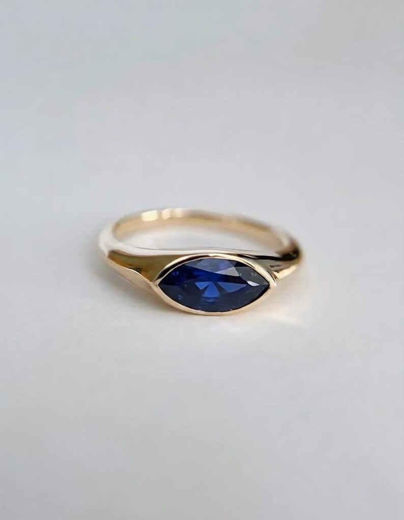Marquise Blue Sapphire Ring: East-West Sterling Silver Signet, Bezel Set Gemstone Wedding Ring, Promise Ring, Single Solitaire Delicate Ring