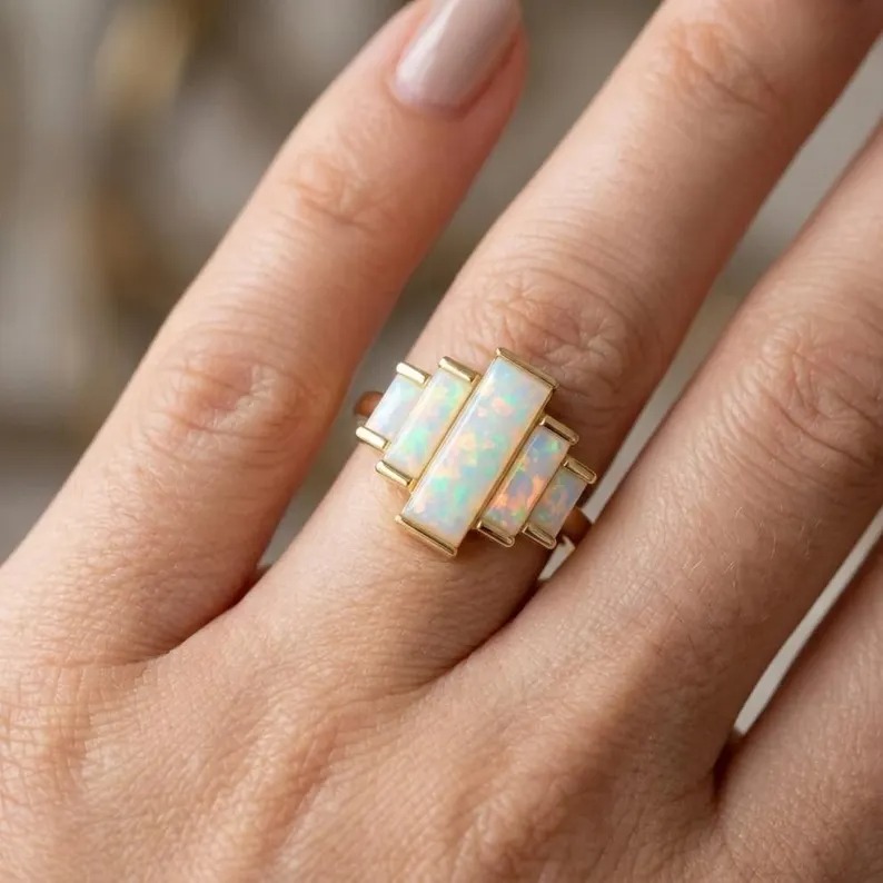Natural Opal Ring 14k Solid Gold Ring, October Birthstone Ring, Baguette Cut Opal Engagement Ring, Dainty Opal Gemstone Ring, Gifts for Mom