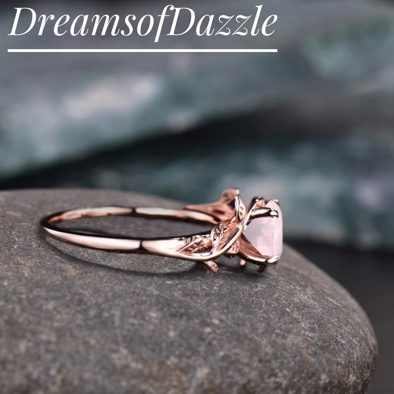 1ct Round Cut Natural Pink Rose Quartz Ring Rose Gold Simple Engagement Rings Leaf Solitaire Ring Heal Crystal Ring Natural Stone Ring Gift