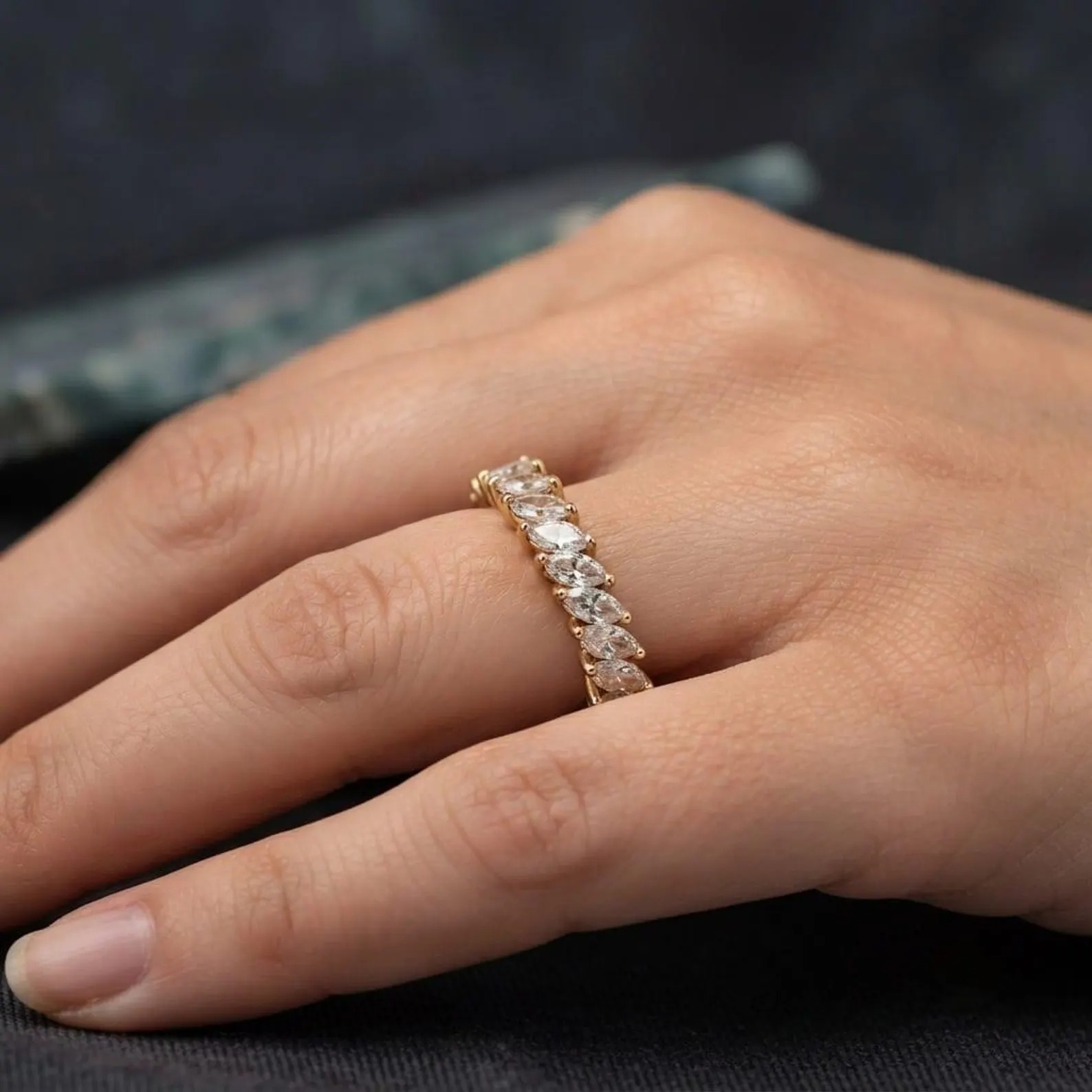 Marquise Diamond Eternity Band, Gold Wedding Band, Vintage Marquise Cut Ring, Anniversary Gold Band, Stacking Bridal Diamond Ring Gifts