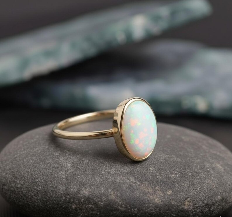 Oval Opal Ring-14k Solid Gold Ring, October Birthstone Ring, Oval Cut Natural Opal Anniversary Ring, Gift For Her, Matching Stackable Ring