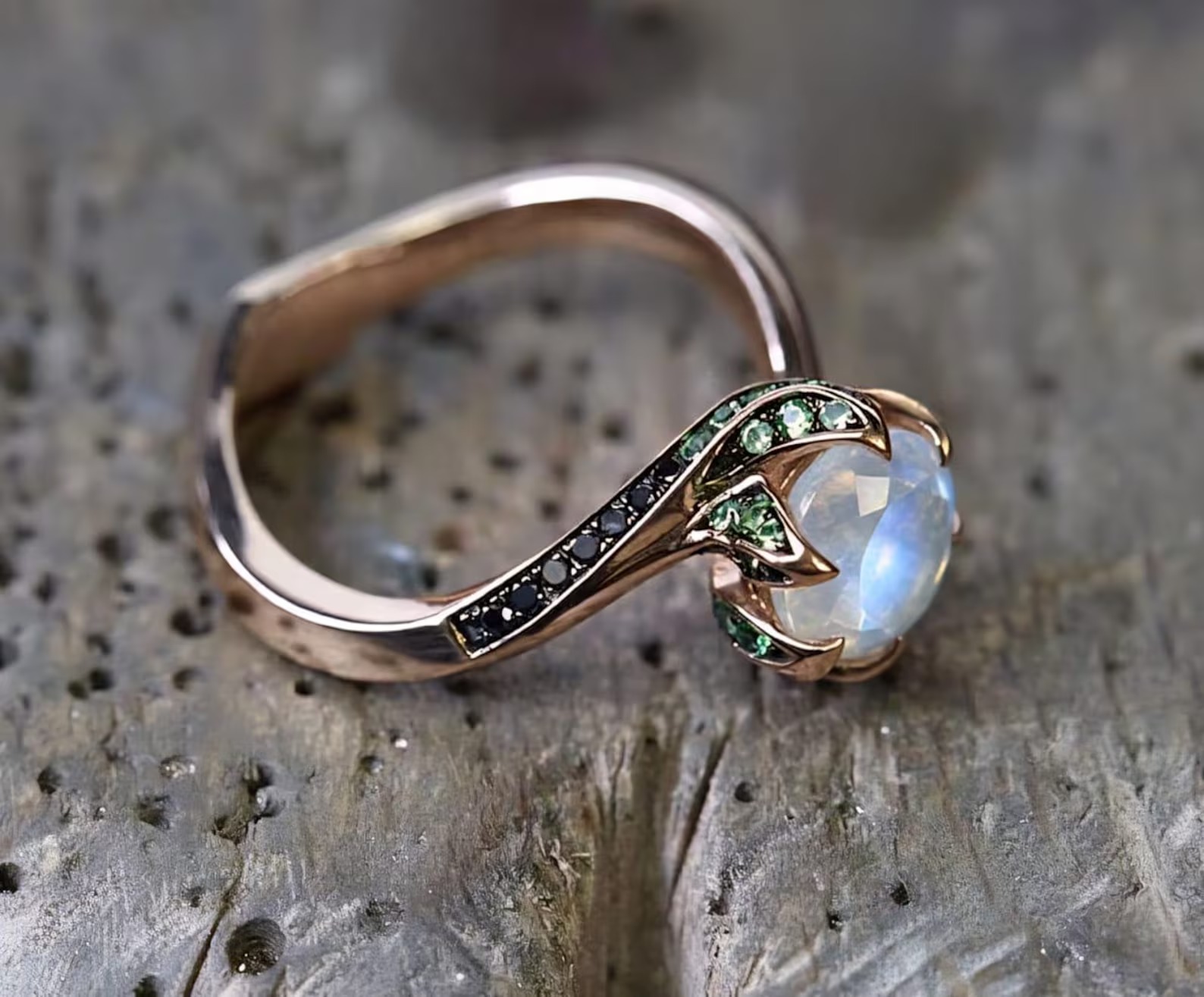 Natural Moonstone Ring, Round Cut Moonstone Engagement Ring with Green And Black Gemstone Accents, Unique Gold Ring, Nature Inspired Ring