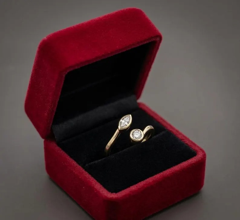Open Diamond Ring In 14K Gold:- Marquise Cut Round Moissanite Engagement Ring, Handmade Open Wedding Band, Anniversary Gift, Christmas Gift