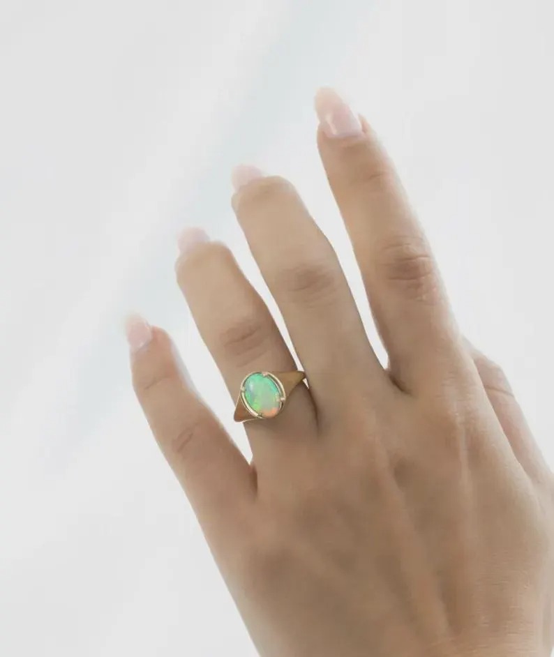 Natural Opal Ring 14k Solid Gold Ring, Oval Cut Opal Engagement Ring, October Birthstone Ring, Delicate Opal Ring, Gold Statement Jewelry