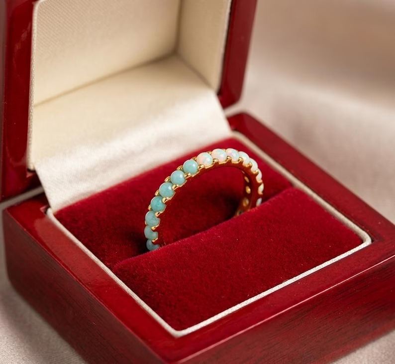 Vintage Solid Gold Full Eternity Band, Opal & Turquoise Solitaire Wedding Band, Anniversary Gift For Wife, Round Natural Gemstone Ring