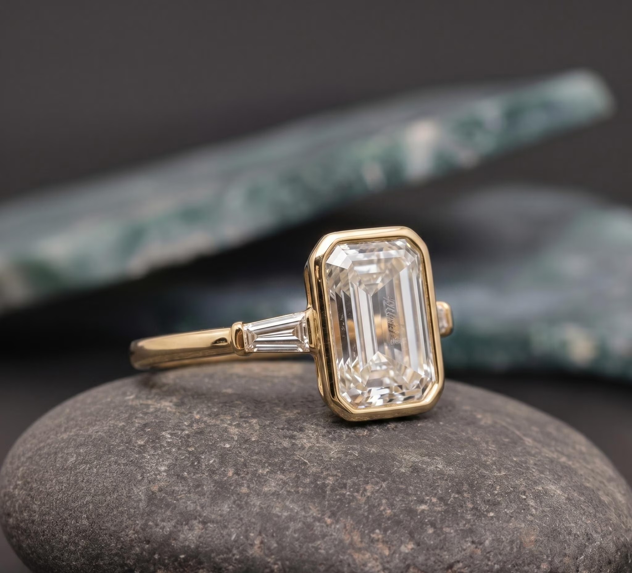 2 CT Emerald Cut Moissanite Engagement Ring, Three Stone Wedding Ring, Full Bezel Set Baguette Cut Side Tapper Ring Anniversary Ring For Her