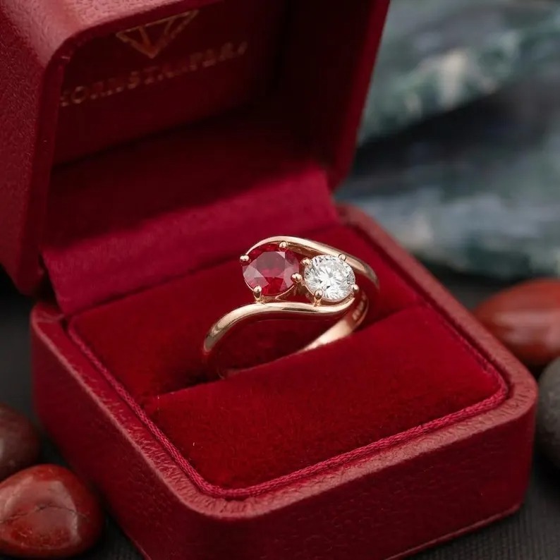 Toi et Moi Ruby and Diamond Engagement Ring, 14k Rose Gold Two Stone Ring, Round Cut Lab Ruby Bypass Ring, Forever Us Promise Ring for Women