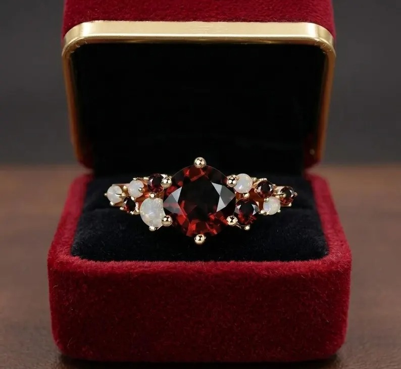 Round Garnet & Opal Cluster Ring, 925 Sterling Silver And Gold Vermeil Ring, Vintage Inspired Bridal Promise Ring, Unique Promise Gift Ring