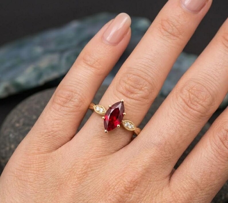 Marquise Ruby Ring Gold | Vintage Engagement Ring | Ruby Diamond Ring | Handmade Dainty Bridal Ring | Unique Gemstone Jewelry Gift for Her