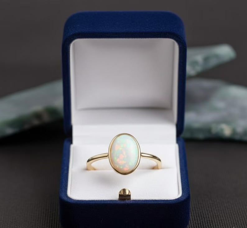 Oval Opal Ring-14k Solid Gold Ring, October Birthstone Ring, Oval Cut Natural Opal Anniversary Ring, Gift For Her, Matching Stackable Ring