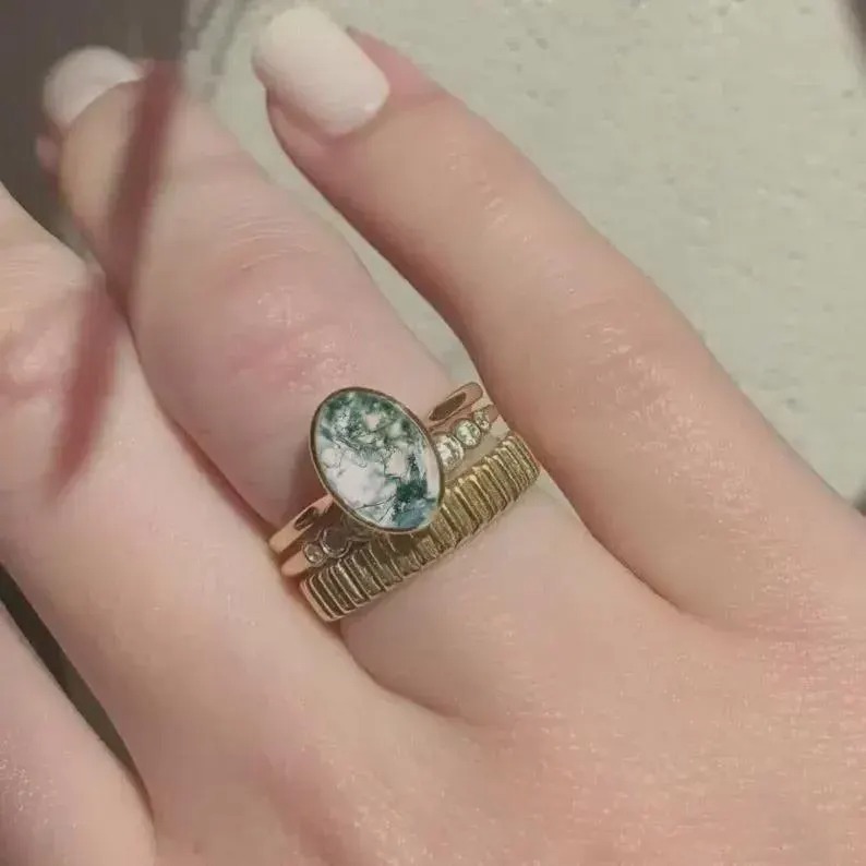 Moss Agate Ring, Oval Cut Moss Agate Ring, 14k Rose Gold Bezel Setting Ring, Green Single Gemstone Ring, Anniversary & Bridal Gift For Women