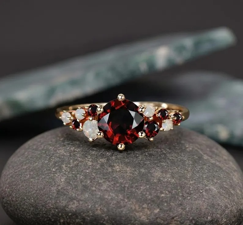 Round Garnet & Opal Cluster Ring, 925 Sterling Silver And Gold Vermeil Ring, Vintage Inspired Bridal Promise Ring, Unique Promise Gift Ring