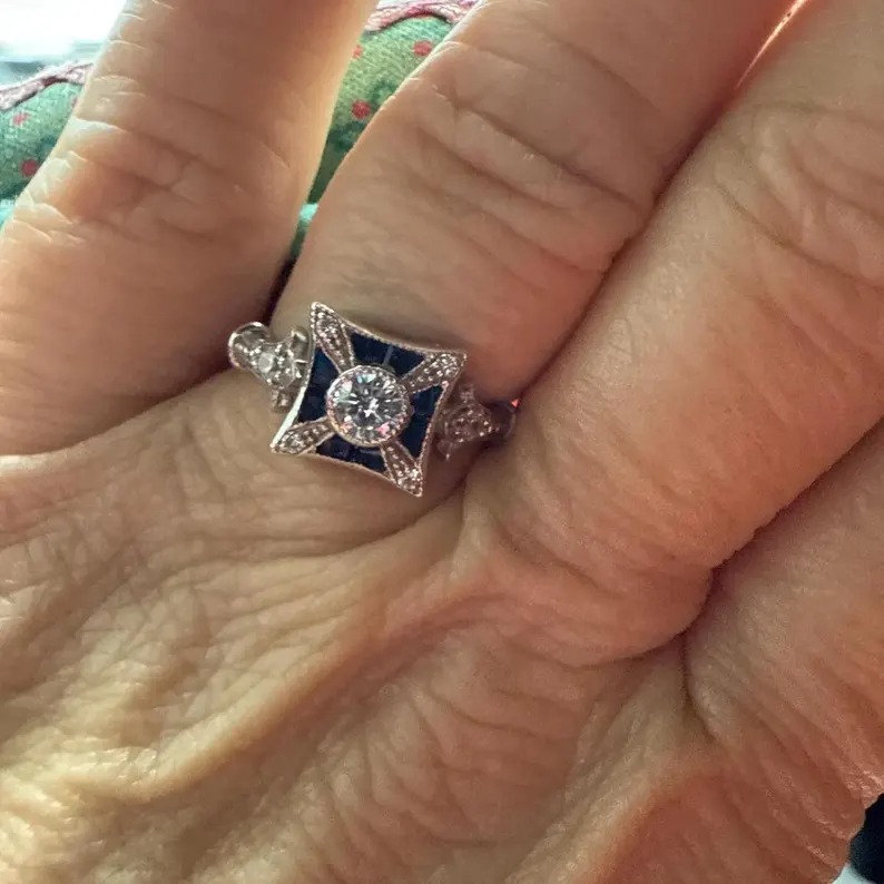 Antique Inspired Old European Diamond Ring – Edwardian Sapphire Engagement Ring – Art Deco Vintage Proposal Ring – Victorian Gift for Women