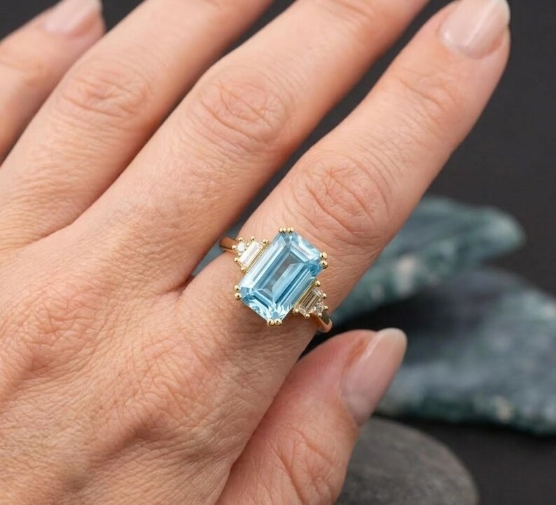 Emerald Cut Aquamarine Ring, Minimalist Aquamarine Engagement Ring, Blue Gemstone Promise Ring, 14k Solid Gold Ring, Birthday Gift For Her