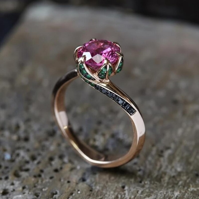 Round Cut Pink Sapphire Ring 18K Yellow Gold Bridal Ring, Delicate Art Deco Jewelry, Green And Black Gemstone Accents, Personalized Ring