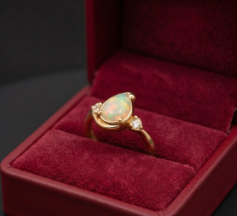 Opal Ring-14k Solid Gold Ring, Pear Cut White Gemstone Gold Ring with Diamond Accents, Vintage Opal Promise Ring for Women, Bridal Jewelry