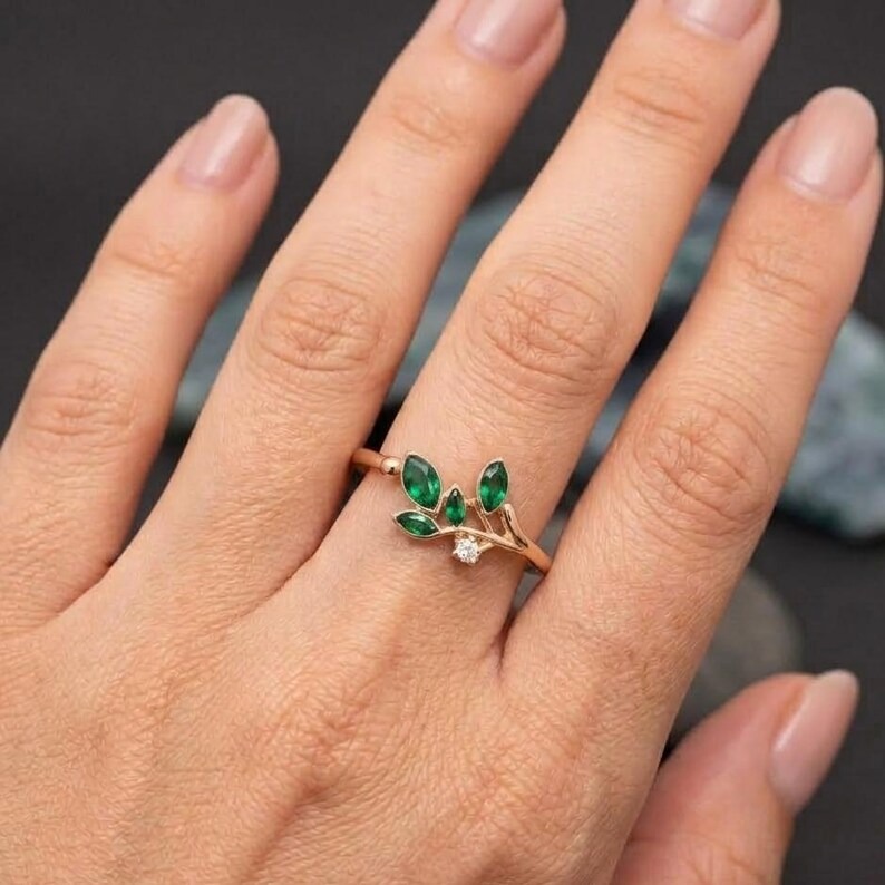 Floral Leaf Marquise Emerald Ring, Dainty Green Accent Engagement Ring, Promise Ring, Nature Inspired Ring For Her, Green Gemstone Leaf Ring