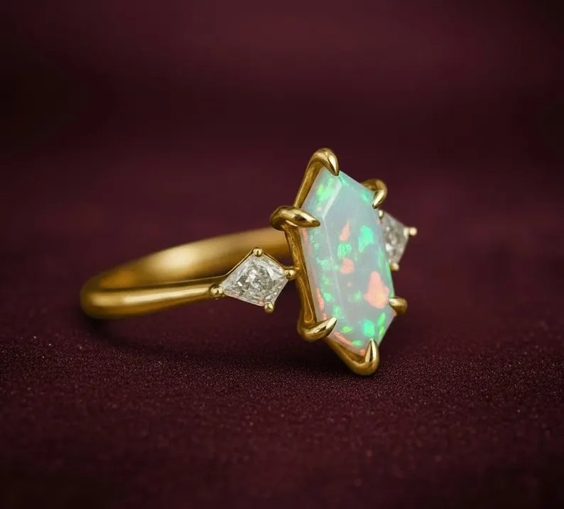 Hexagon Cut Opal Wedding Ring, Rose Gold Vintage Kite Diamond Stackable Matching Ring, Art Deco Three Stone Ring, Anniversary Ring For Women