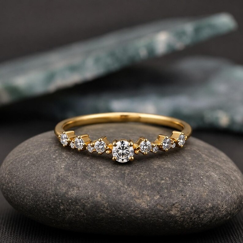 Round Cut Moissanite Half Eternity Band, Vintage Diamond Cluster Engagement Ring, Anniversary & Wedding Promise Ring For Her, Christmas Gift