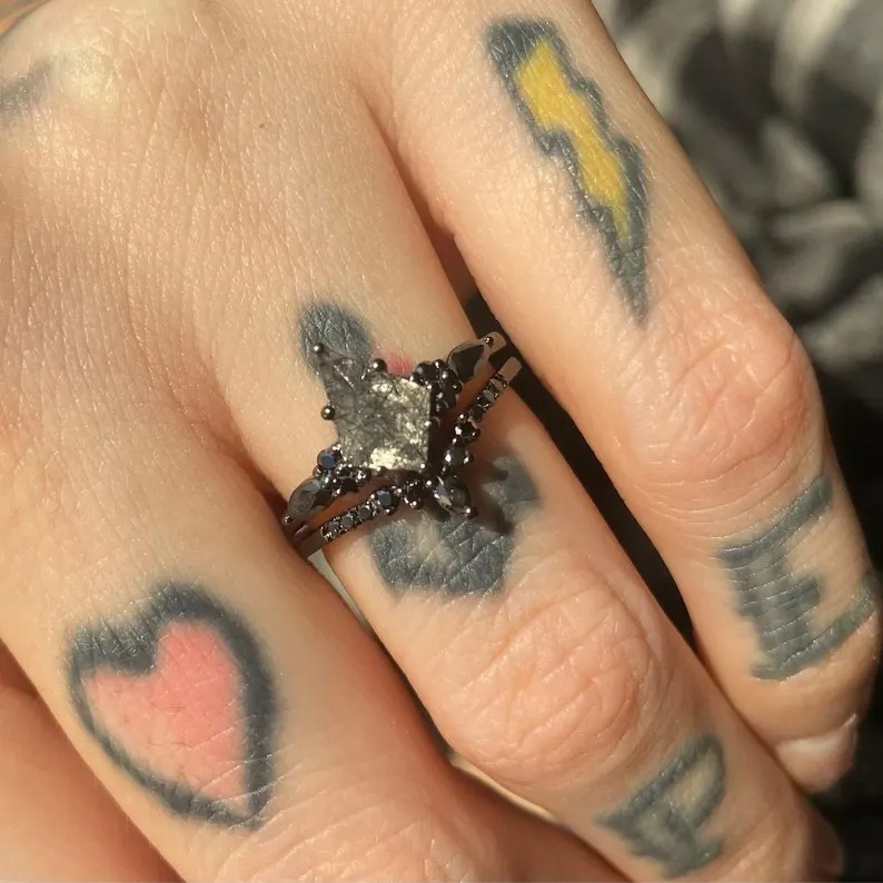 Black Gold Kite Cut Black Rutilated Quartz Engagement Ring Set, Witchy Black Promise Ring, Black Wedding Ring Set, Goth Black Bridal Set