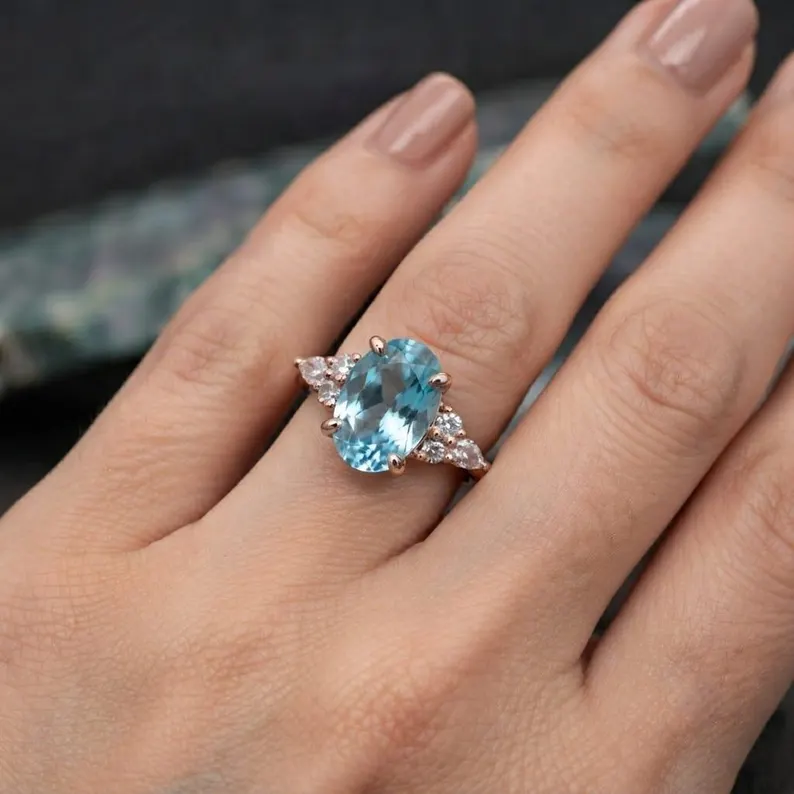Oval Aquamarine Ring, 2.50 Ct Oval Shape Engagement Ring, Vintage Diamond Accent Ring, Cluster Bridal 14k Yellow Gold Wedding Ring For Woman