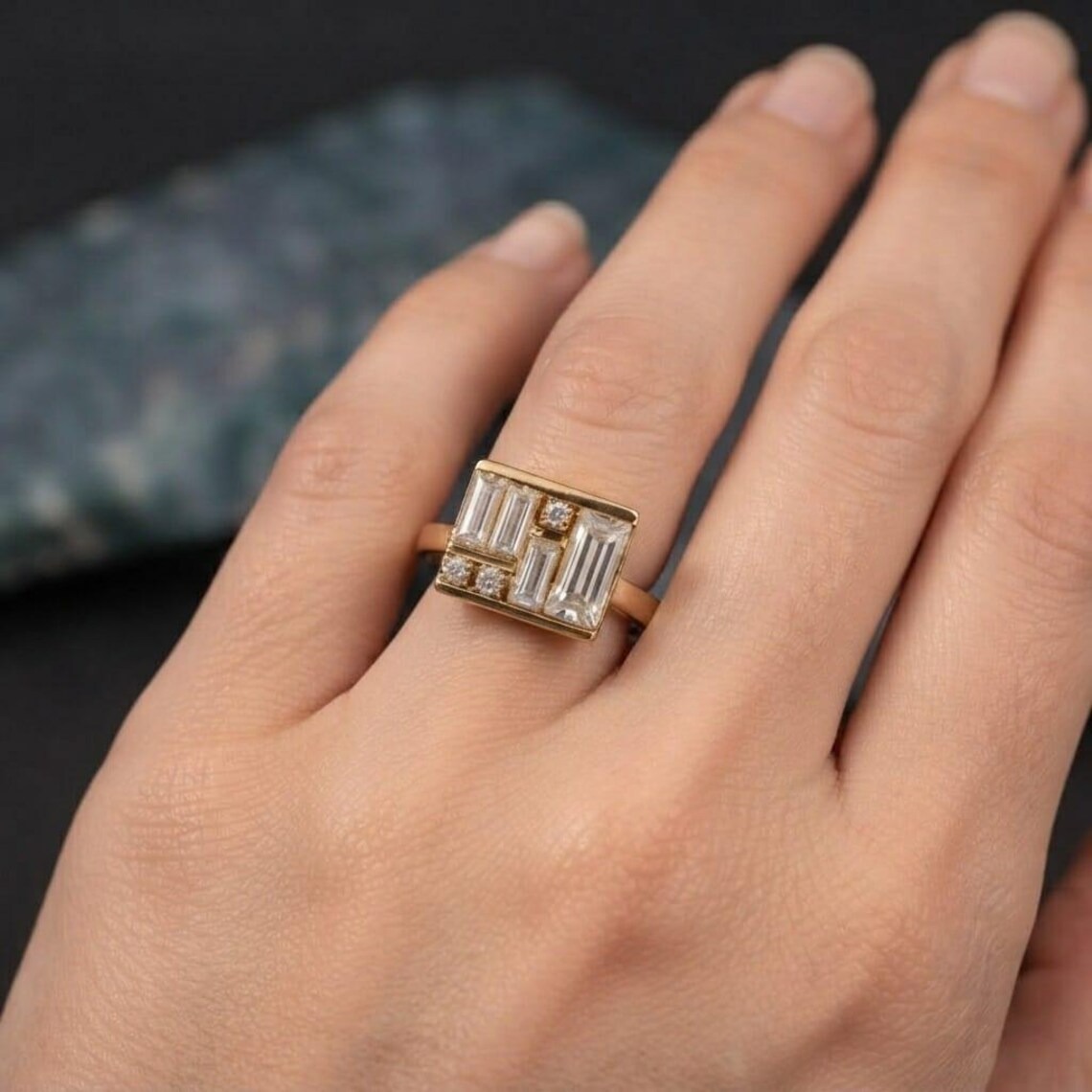 Multi Baguette Moissanite Box Ring, Antique Statement Ring, Unique Wedding Ring, Bezel Elegant Geometric Ring, Art Deco Gift For Women