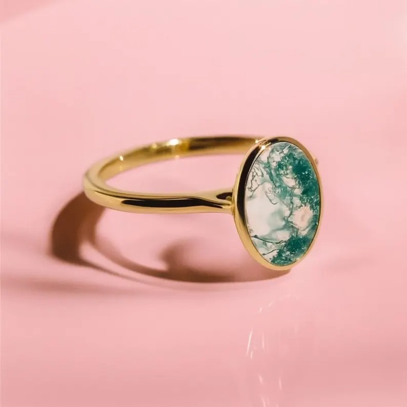 Moss Agate Ring, Oval Cut Moss Agate Ring, 14k Rose Gold Bezel Setting Ring, Green Single Gemstone Ring, Anniversary & Bridal Gift For Women
