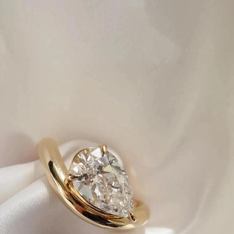 Moissanite Wave Shank Ring, Horizontal Tear Drop Unique Bridal Ring, 18K Yellow Gold Diamond Engagement Ring, Solitaire Promise Wedding Ring