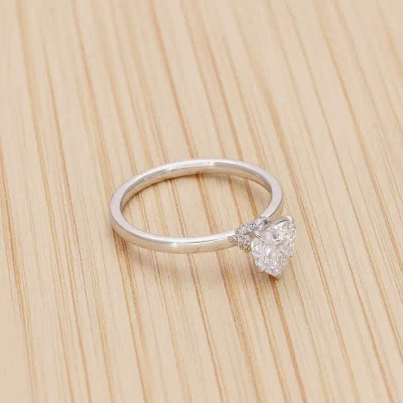 Heart Cut Lab Grown Diamond Engagement Ring | 1.01 CTW IGI Certified Diamonds | Solitaire Ring with Secret Halo Diamonds, Vintage Heart Cut