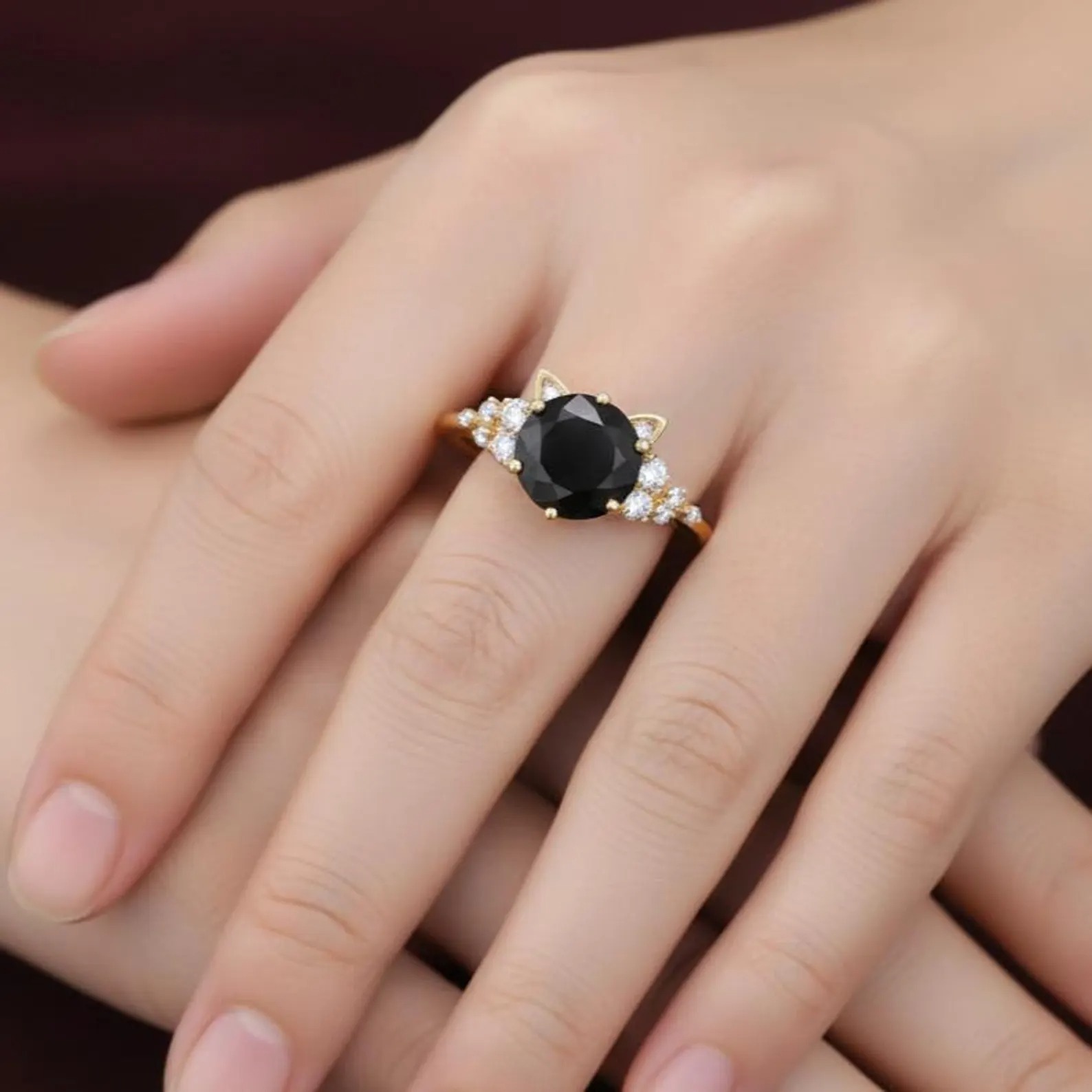 Unique Cat Ring Black Gemstone Rose Gold Ring, Unique Cat Lover Gift, Round Black Onyx Diamond Engagement Ring, Cat Ear Promise Ring for Her