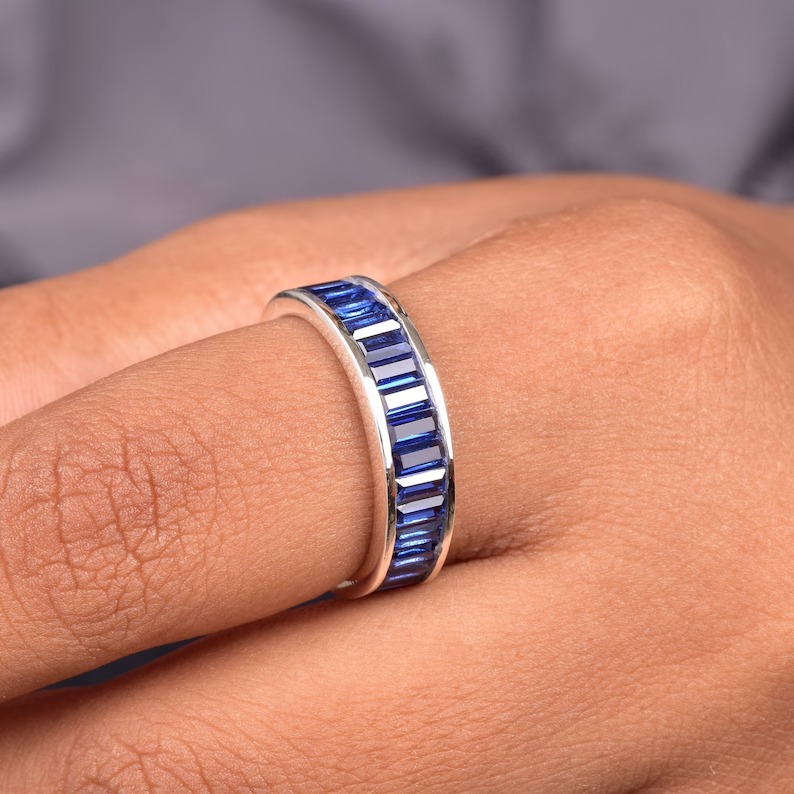 Full Eternity Stackable Band Lab Blue Sapphire Band CZ Solid 925 Sterling Silver Wedding Band, Eternity Band September Stone