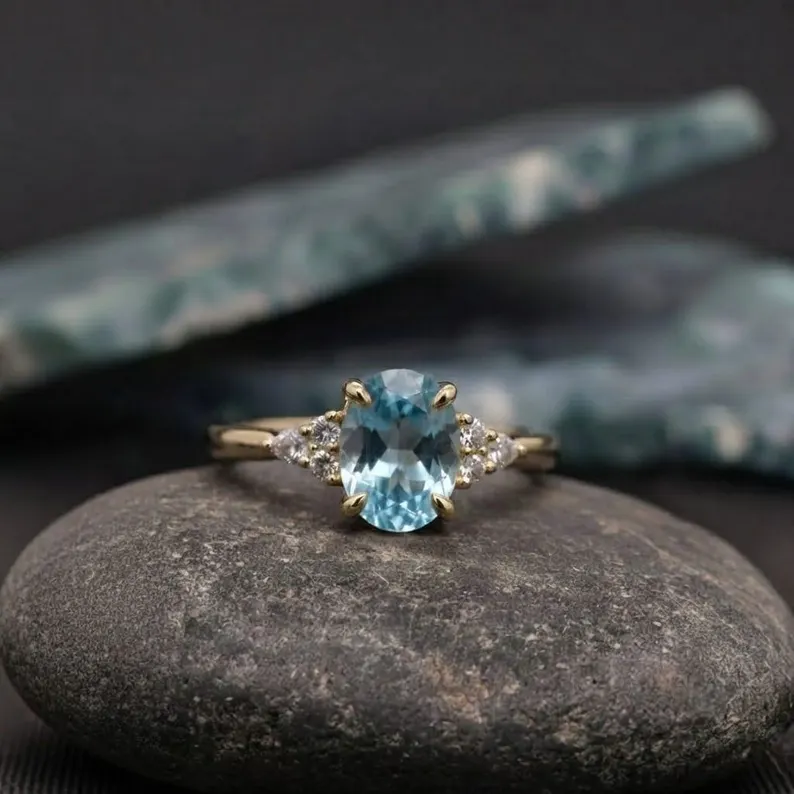 Oval Aquamarine Ring, 2.50 Ct Oval Shape Engagement Ring, Vintage Diamond Accent Ring, Cluster Bridal 14k Yellow Gold Wedding Ring For Woman