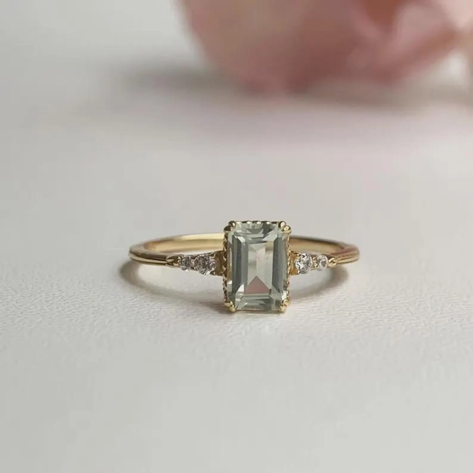 Vintage Green Amethyst Emerald Cut Ring, 14K Solid Yellow Gold Engagement Ring, CZ Round Cut Moissanite Anniversary Ring, Christmas Gift