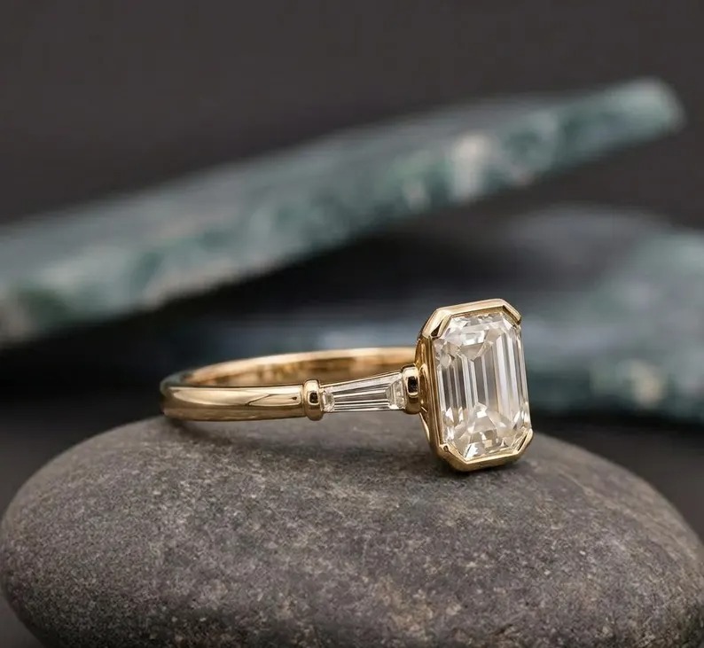 Emerald Cut Moissanite Engagement Ring, 14K Gold Bezel Setting Wedding Ring, Three Stone Diamond Baguette Cluster Ring, Promise Ring for Her