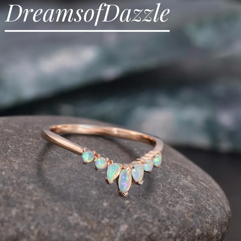 Opal Wedding Ring Opal Sapphire Wedding Band Half Eternity Matching Band Rose Gold Plated Sterling Silver 10K/14K Rose Gold Anniversary Ring