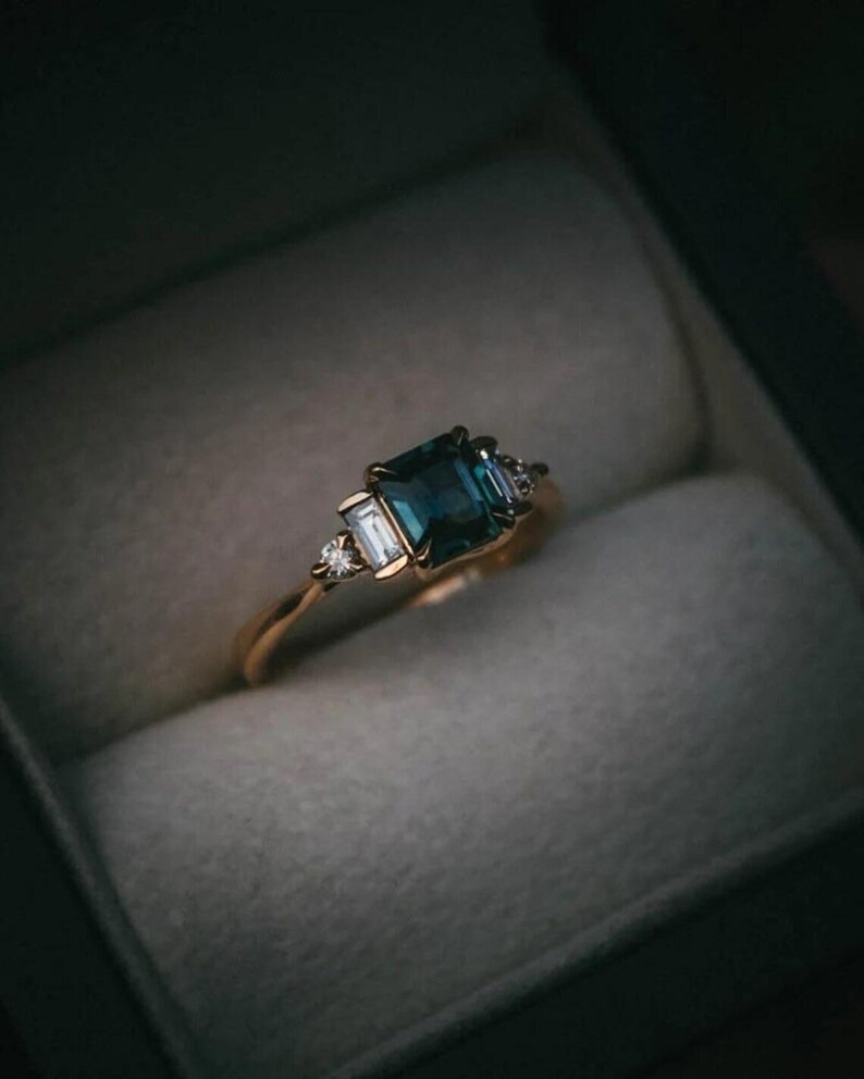 Princess Cut Sapphire Engagement Ring, Personalized Gift For Women, Baguette Art Deco Round Diamond Cluster Ring, Teal Sapphire Gift Ring