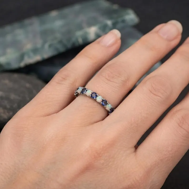 Opal Wedding Band, Dainty Opal and Sapphire Half Eternity Band, Matching Band, Birthstone Ring, Stacking Ring, Anniversary Gift For Women