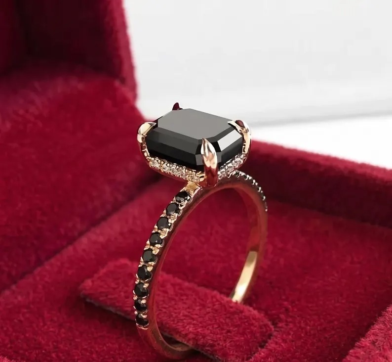 Art Deco Emerald Shaped Black Onyx Engagement Ring, 925 Silver Black Gemstone Wedding Ring Unique Black Onyx Bridal Anniversary Promise Ring