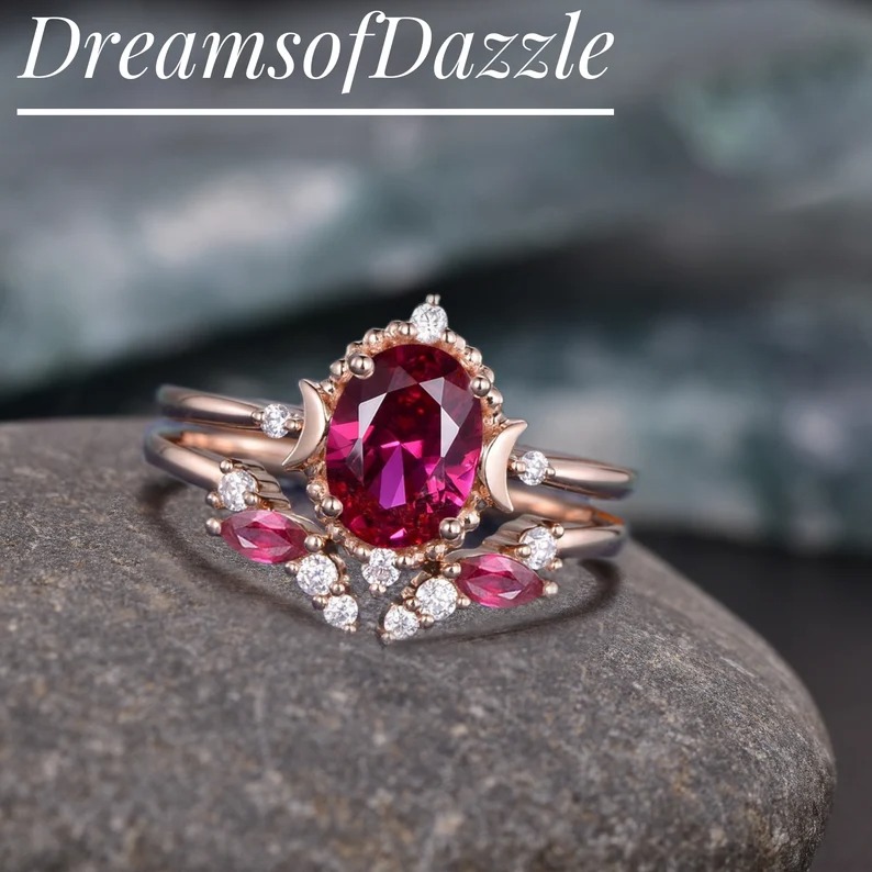 1.5ct Vintage Moon Engagement Ring Celestial Wedding Ring Set Oval Cut Moissanite Engagement Ring Set Rose Gold Women Bridal Set Unique