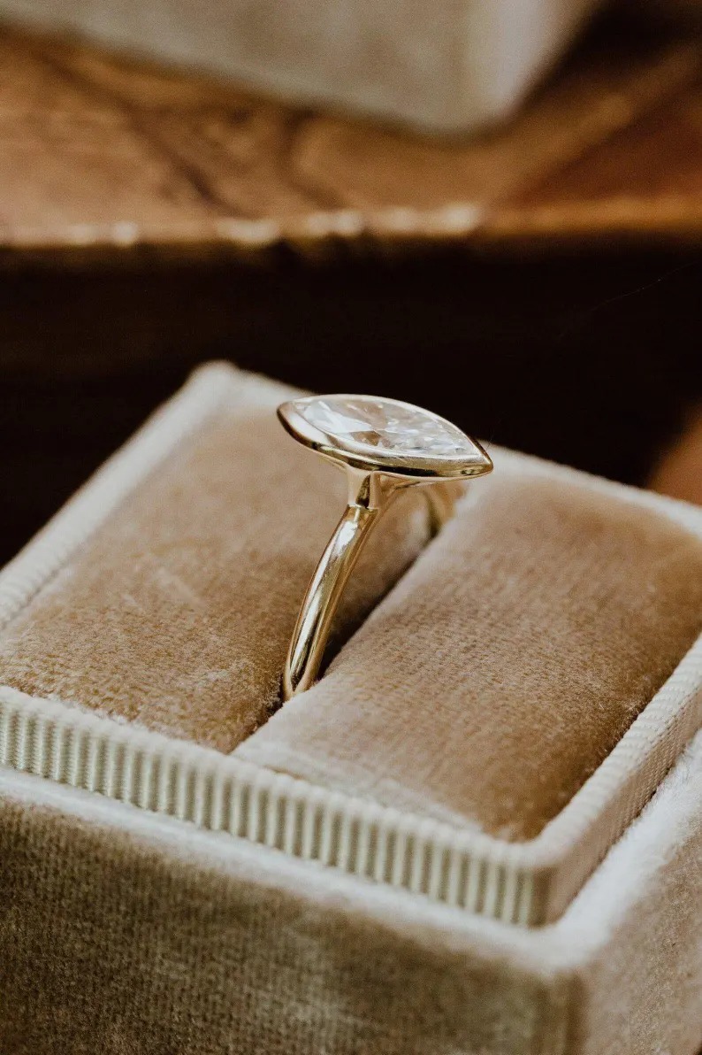 Marquise Cut Moissanite Engagement Ring, Diamond Wedding Ring, 14k Solid Gold Solitaire Bezel Set Anniversary Gift, Single Stone Bridal Gift