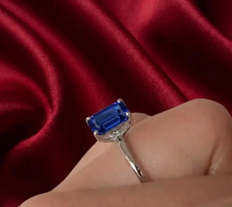Emerald Cut Sapphire Ring, Vintage 14k Solid Gold Anniversary Ring, September Birthstone Gifts Women, London Blue Sapphire Engagement Ring