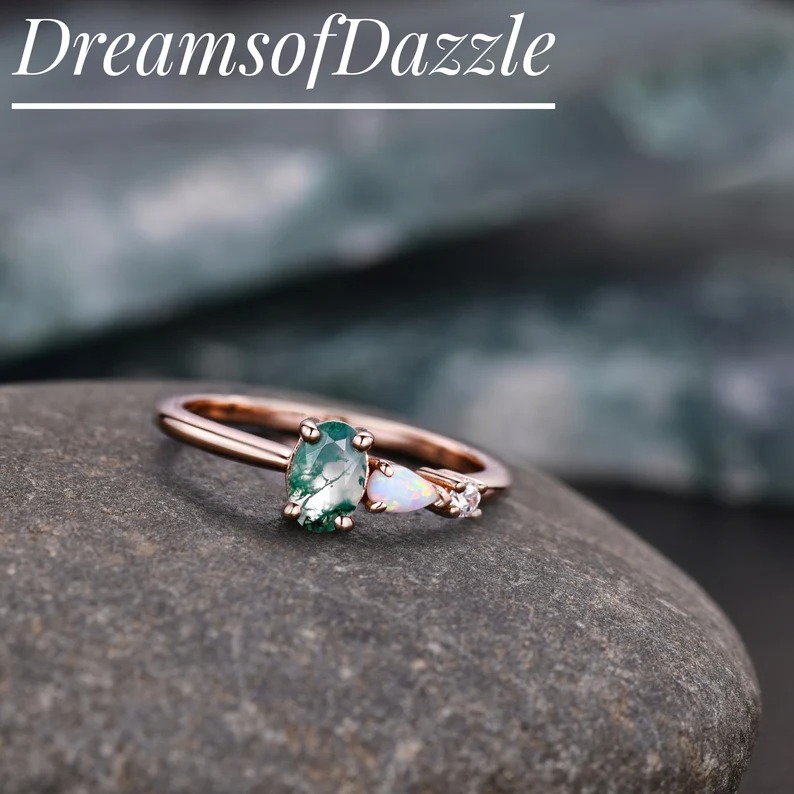 Unique Moss Agate Opal Engagement Ring,Pear Cut Gems,Art Deco Moissanite Wedding Band,3 Stone Unique Women Bridal Promise Ring,Customized