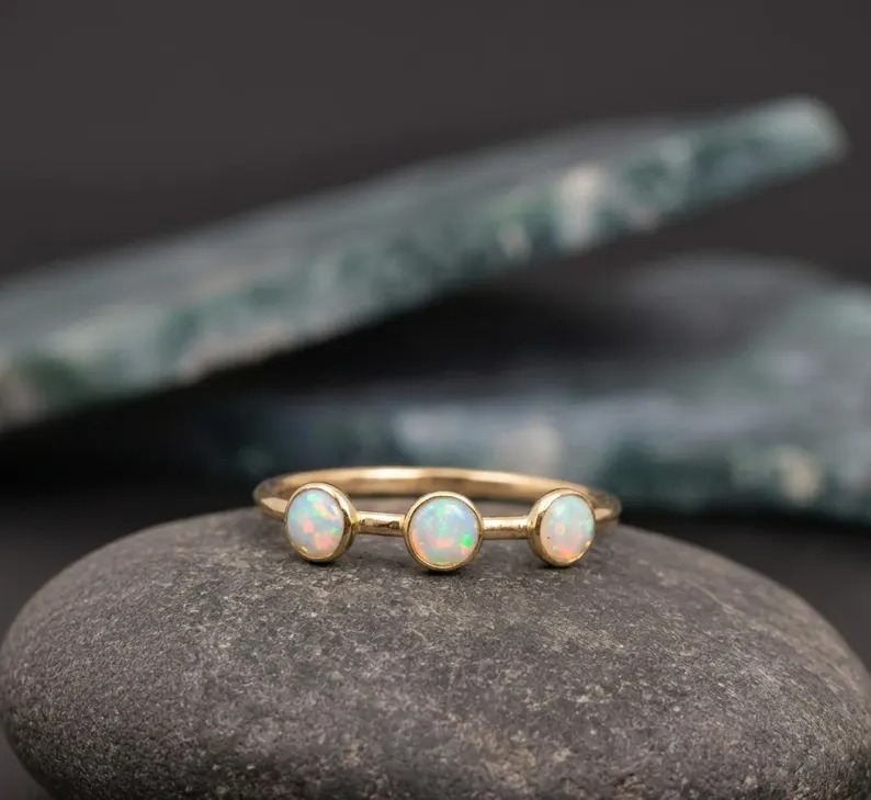Round Opal Wedding Band, Rose Gold Vintage Round Fire Opal Stackable Matching Band, Art Deco Half Eternity Band, Anniversary Ring For Women