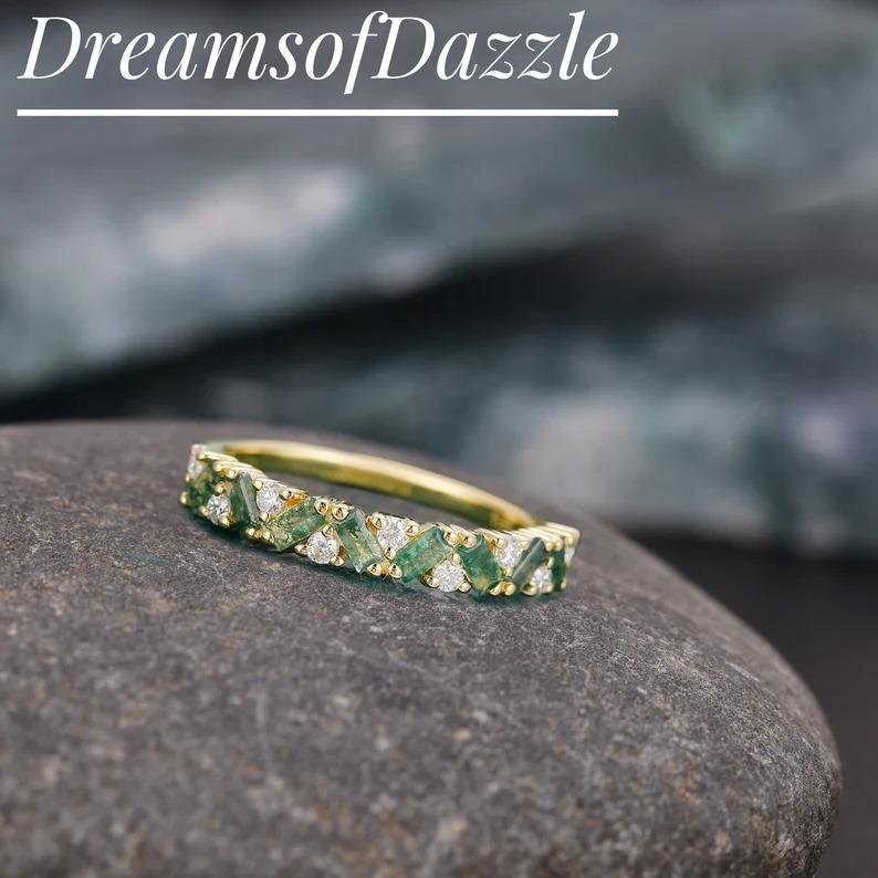 Moss Agate Cluster Wedding Band Bridal Moissanite Ring Promise Anniversary Matching Ring Unique Jewelry Half Eternity Band Gift For Love