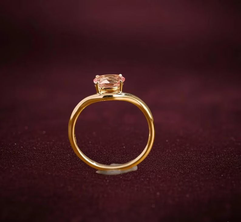 Oval Shaped Pink Sapphire Engagement Ring, Curved Wedding Band, Unique Bridal Gemstone Ring, Personalized Anniversary Ring Gift For Women