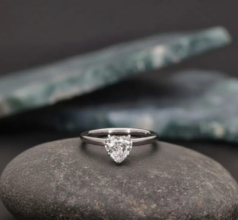 Heart Cut Lab Grown Diamond Engagement Ring | 1.01 CTW IGI Certified Diamonds | Solitaire Ring with Secret Halo Diamonds, Vintage Heart Cut