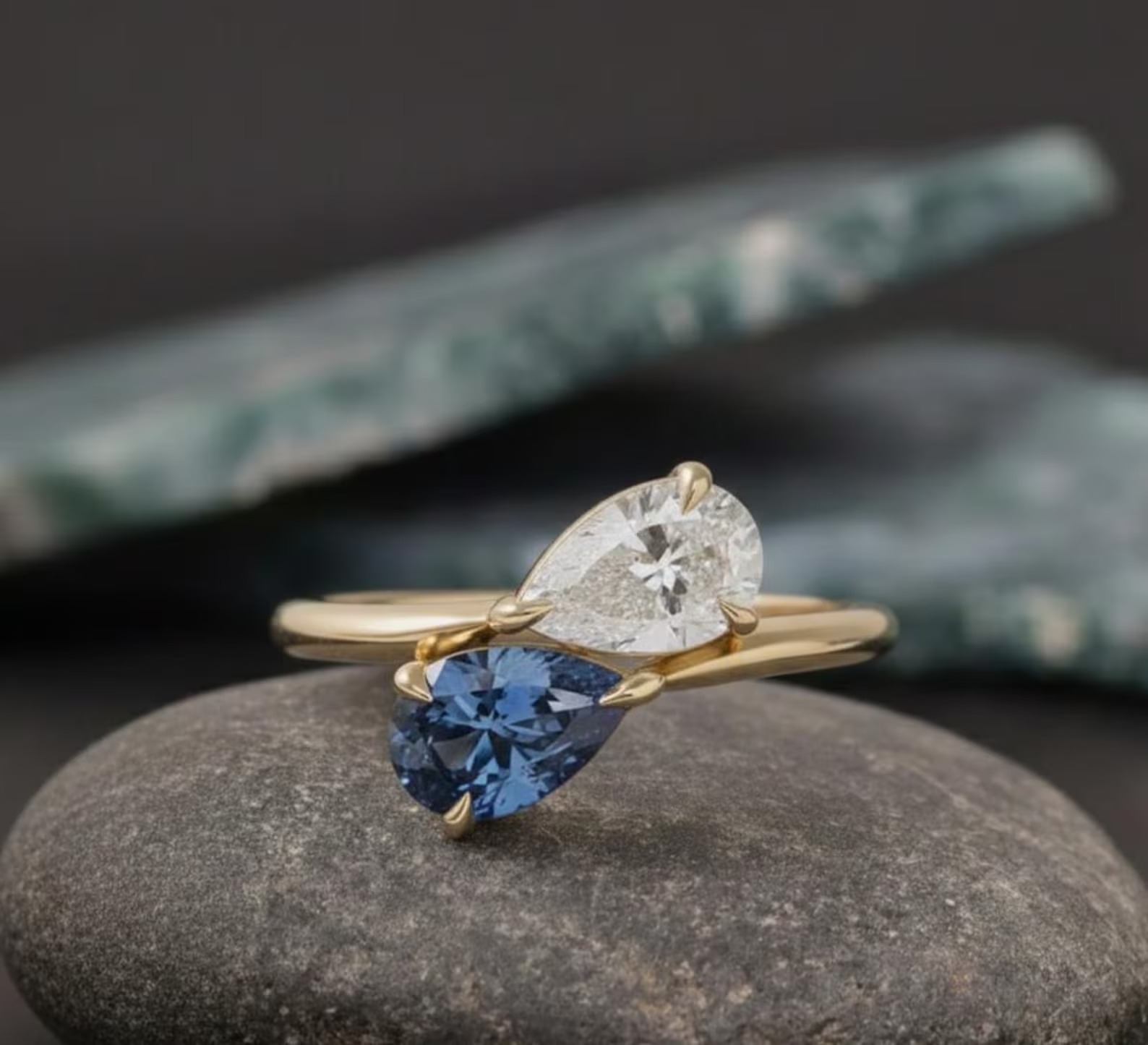 Vintage Toi Et Moi Engagement Ring, Blue Sapphire & Pear Moissanite Ring, 14k Gold Promise Ring, Two Stone Wedding Ring, Anniversary Gift