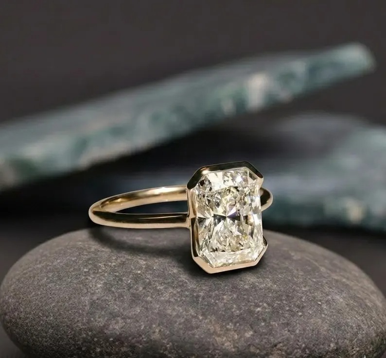 2 CT Emerald Cut Moissanite Engagement Ring, Half Bezel Set Anniversary Ring, Modern Classic Wedding Jewelry Gift For Her, Minimalist Ring