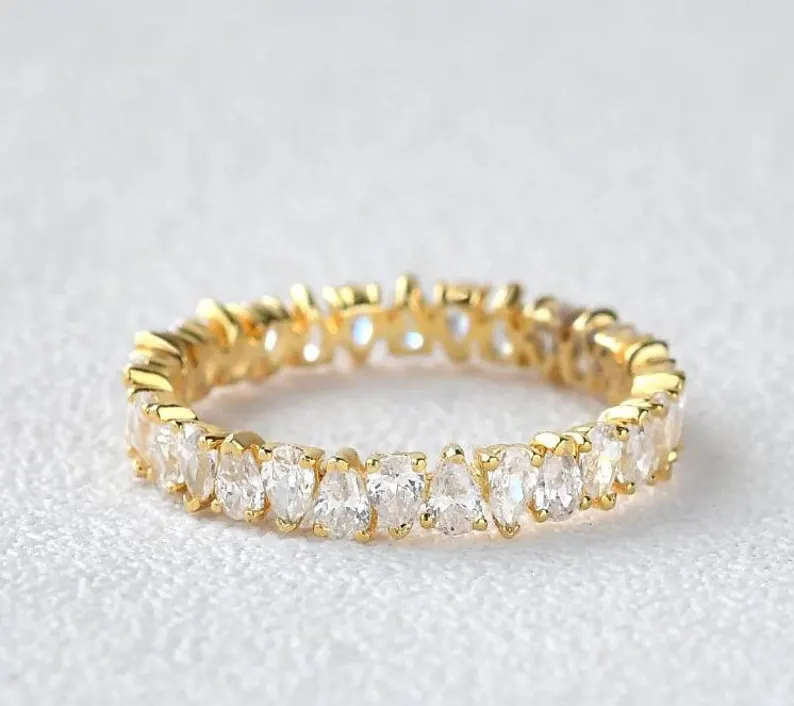 Pear Cut Moissanite Wedding Band, Vintage Full Eternity Stacking Gold Band, Minimalist Anniversary Band, Dainty Bridal Gold Vintage Jewelry
