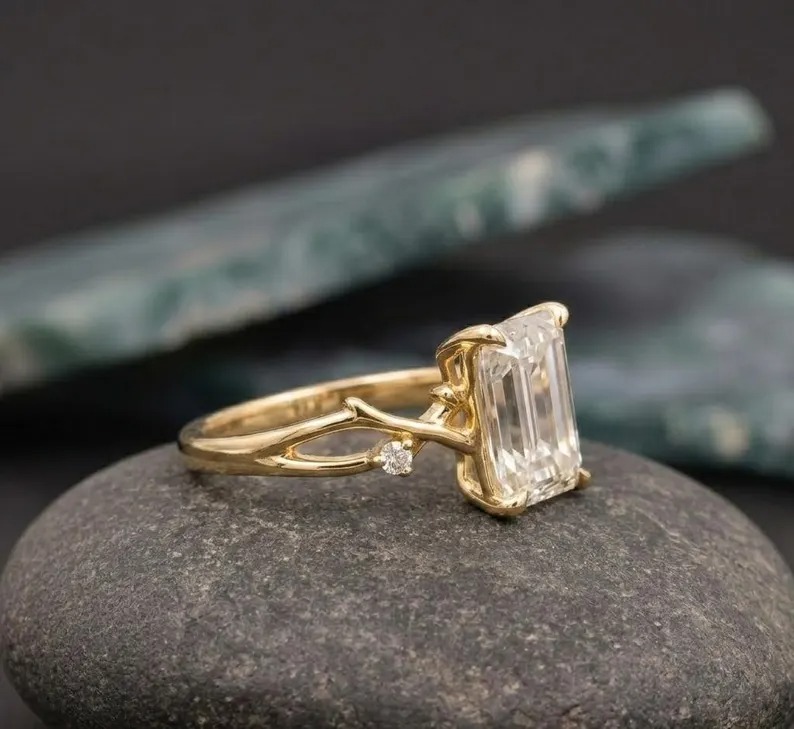 3CT Emerald Moissanite Engagement Ring, 14K Gold Hidden Halo with Diamond Cluster Ring, Nature Inspired Moissanite Ring, Anniversary Gift